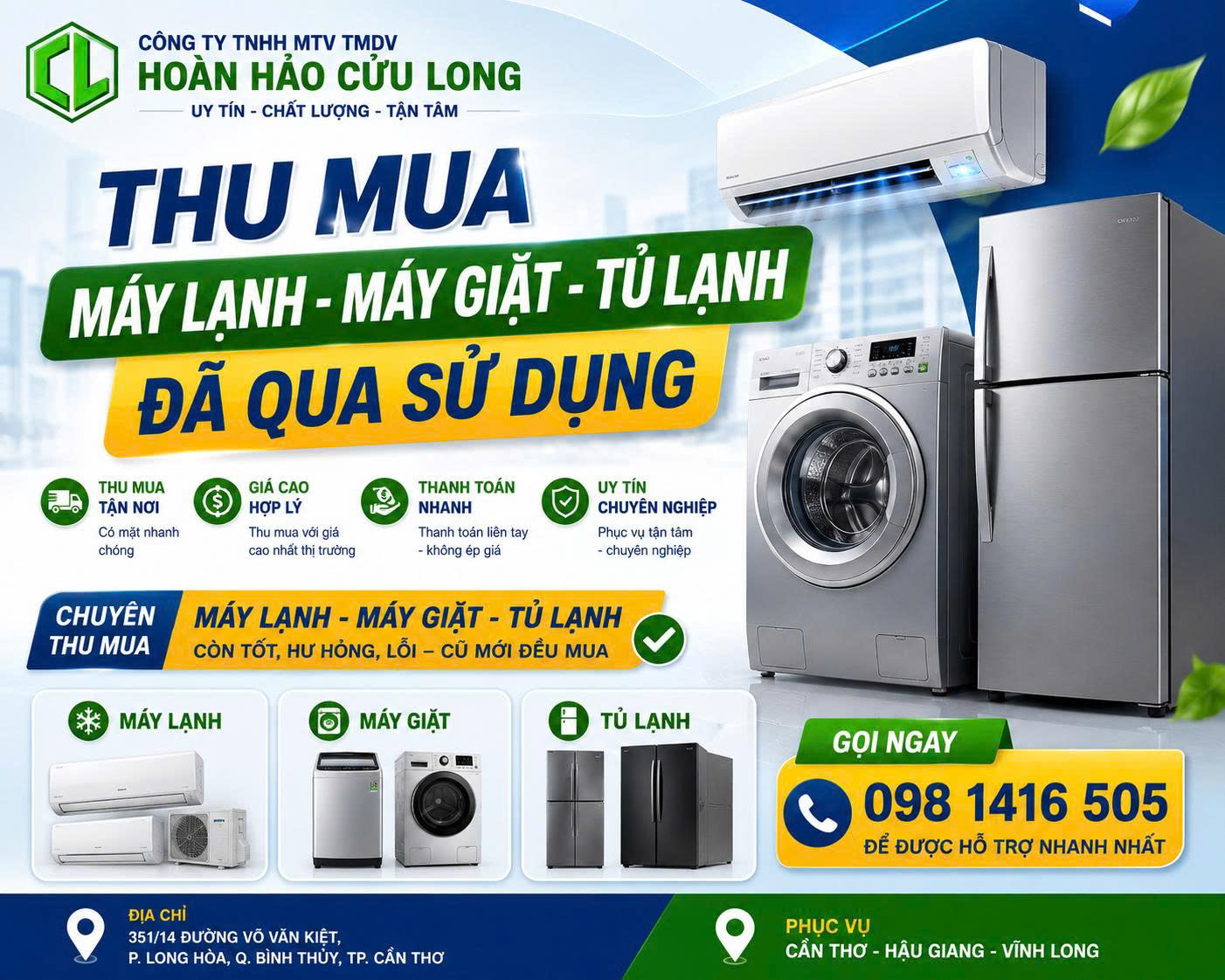 THU MUA MÁY LẠNH - TỦ LẠNH - MÁY GIẶT UY TÍN CẦN THƠ